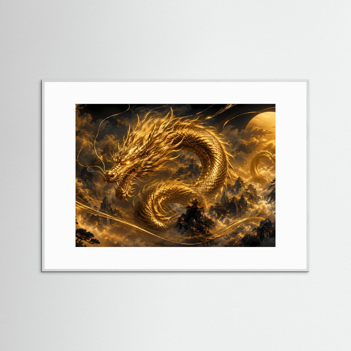 Querformat-Poster mit goldenem Drachen über Tempelbergen, dunklem Hintergrund im weißen Rahmen