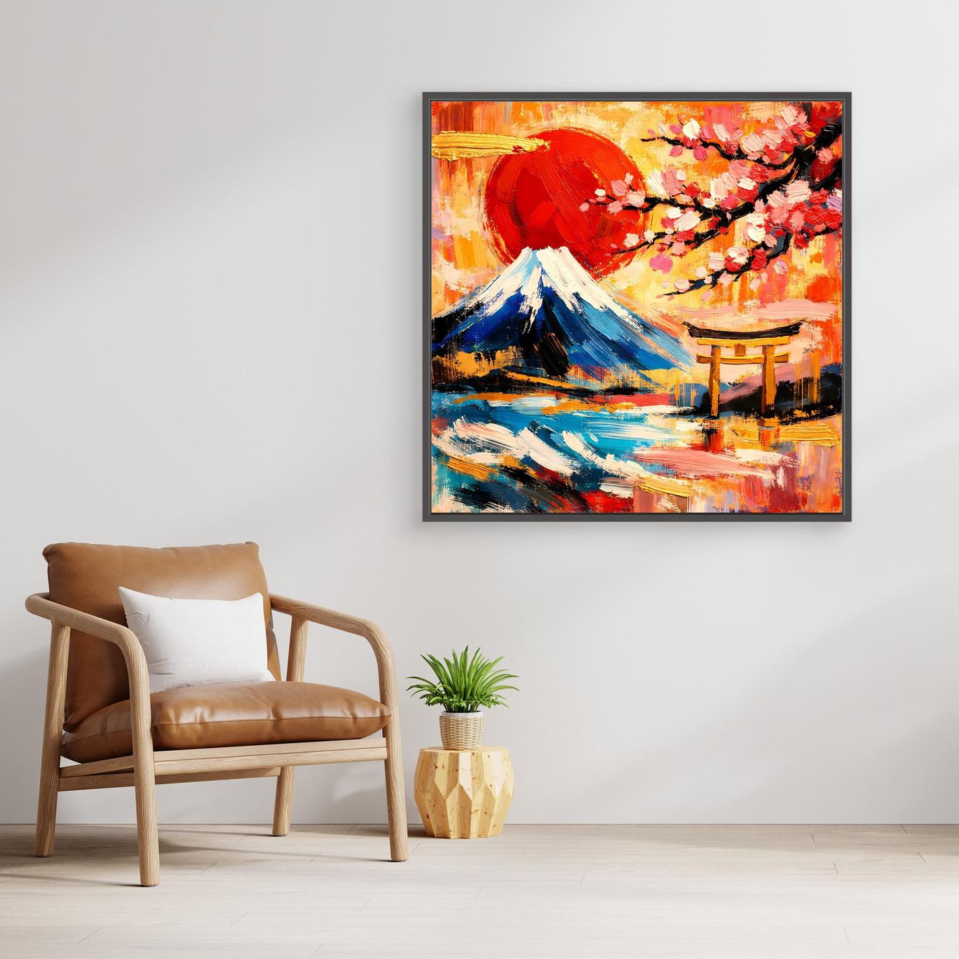 Gerahmtes Leinwandbild mit Berg Fuji, Torii und Kirschblüten in Rot-, Blau- und Goldtönen