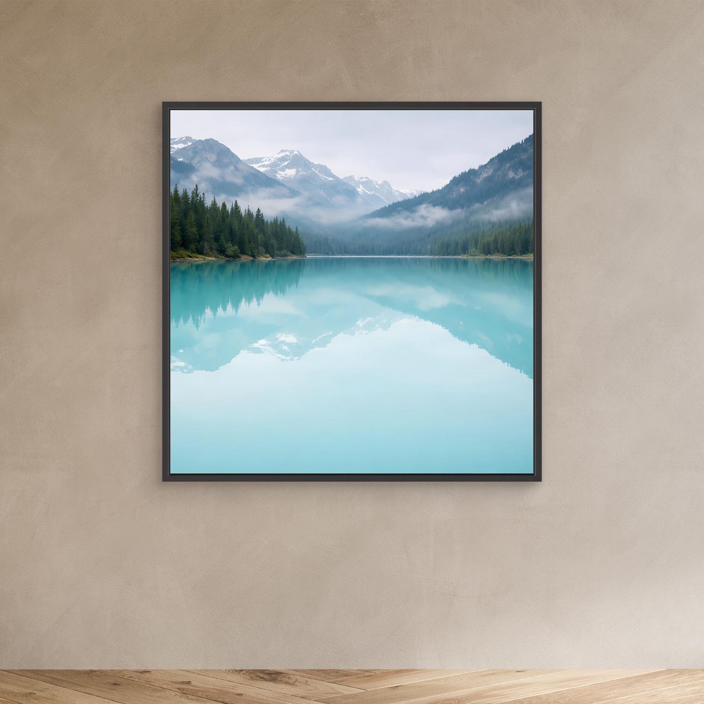 Quadratisches Leinwandbild mit türkisfarbenem Bergsee, Spiegelung und Nadelwald im schwarzen Rahmen