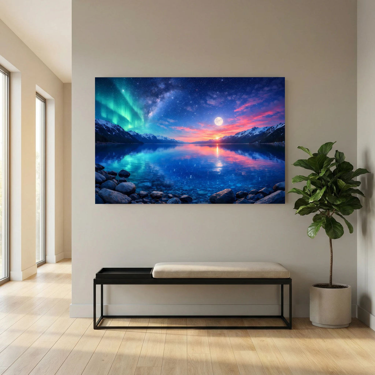Querformat-Poster mit Polarlicht, Mond über Wasser und farbigem Himmel über den Bergen