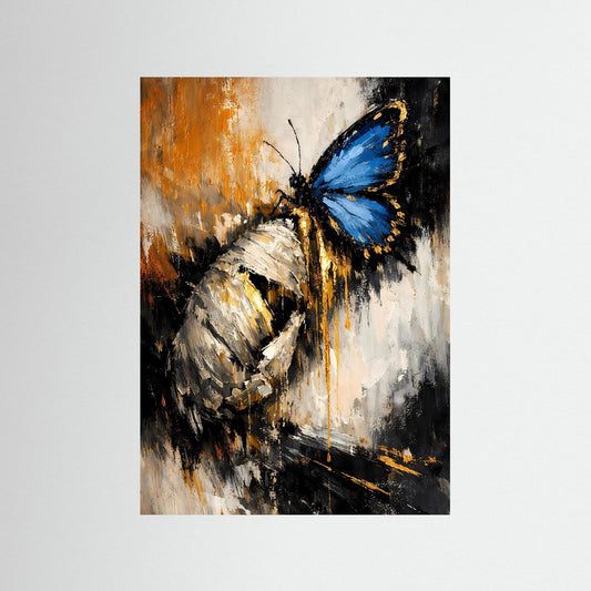 Abstraktes Schmetterling-Kunstposter, hochformatig, Blau-, Gold- und Erdtöne