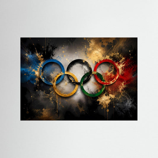 Poster mit olympischen Ringen in Blau, Gelb, Grün und Rot auf dunklem Hintergrund