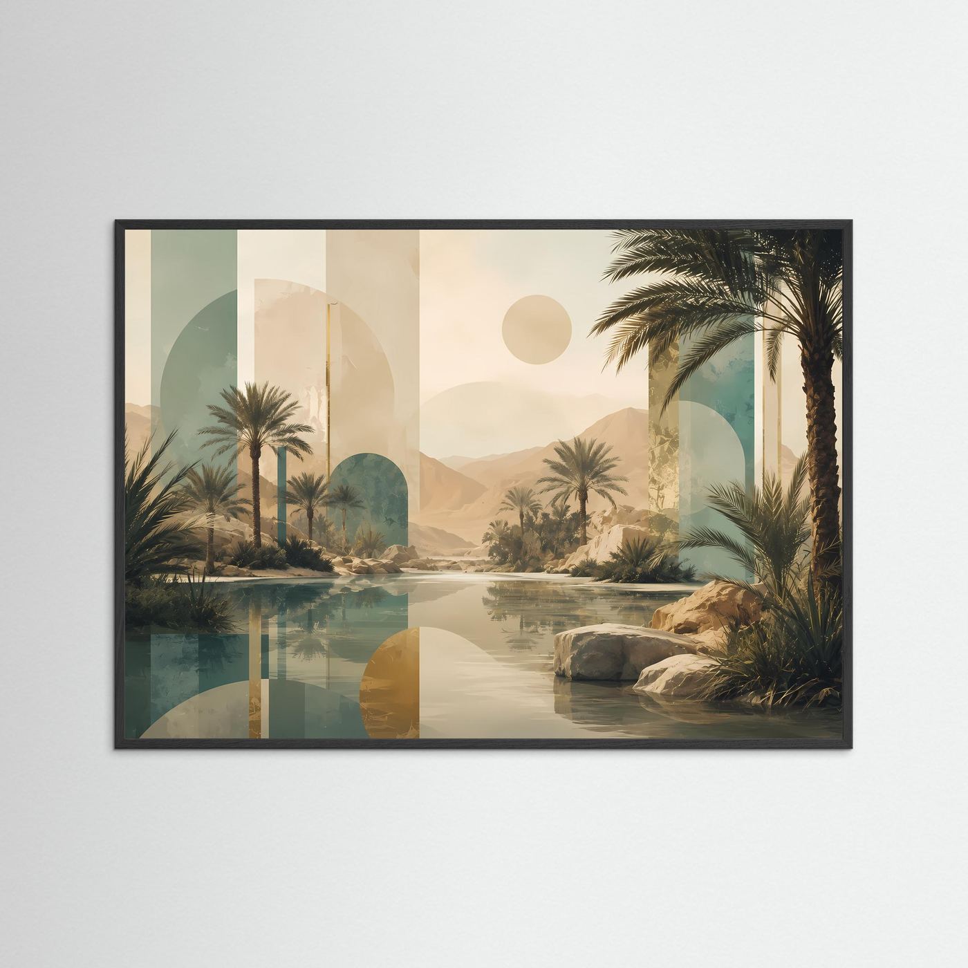 Abstraktes Wandbild mit Palmen und Wüstenlandschaft in Beige/Türkis, schwarzer Holzrahmen