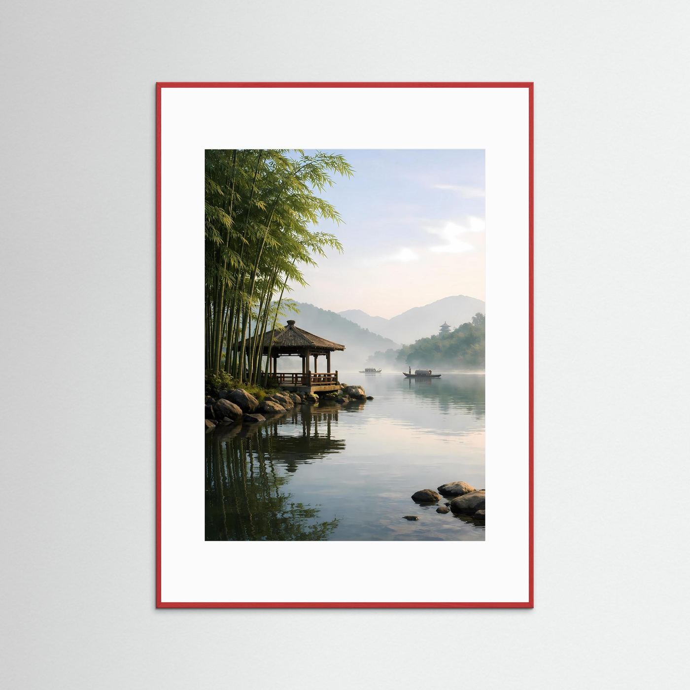 Wandbild mit asiatischer Flusslandschaft, hellem Holzrahmen und rotem Rahmenrand