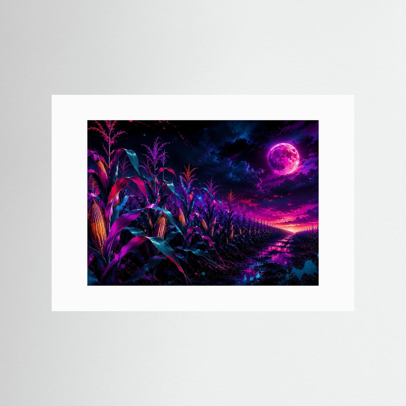 Neon-Maisfeld bei Vollmond | Mystische Fantasy-Landschaft in Pink, Lila & Blau