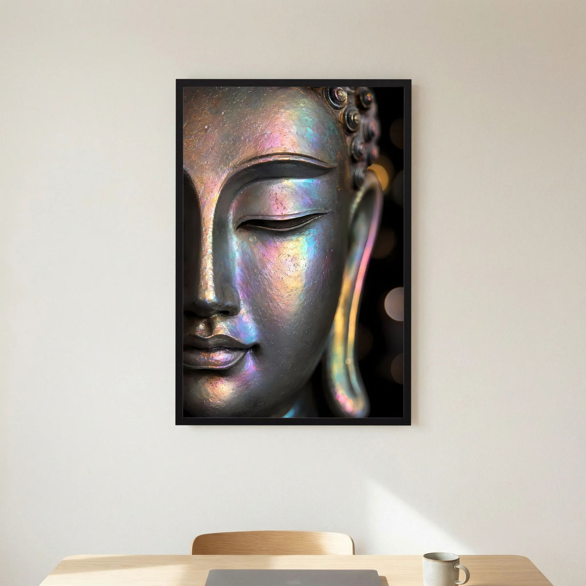 Kunstposter mit Buddha-Gesicht in irisierender Perlmutt-Optik, schwarzer Rahmen