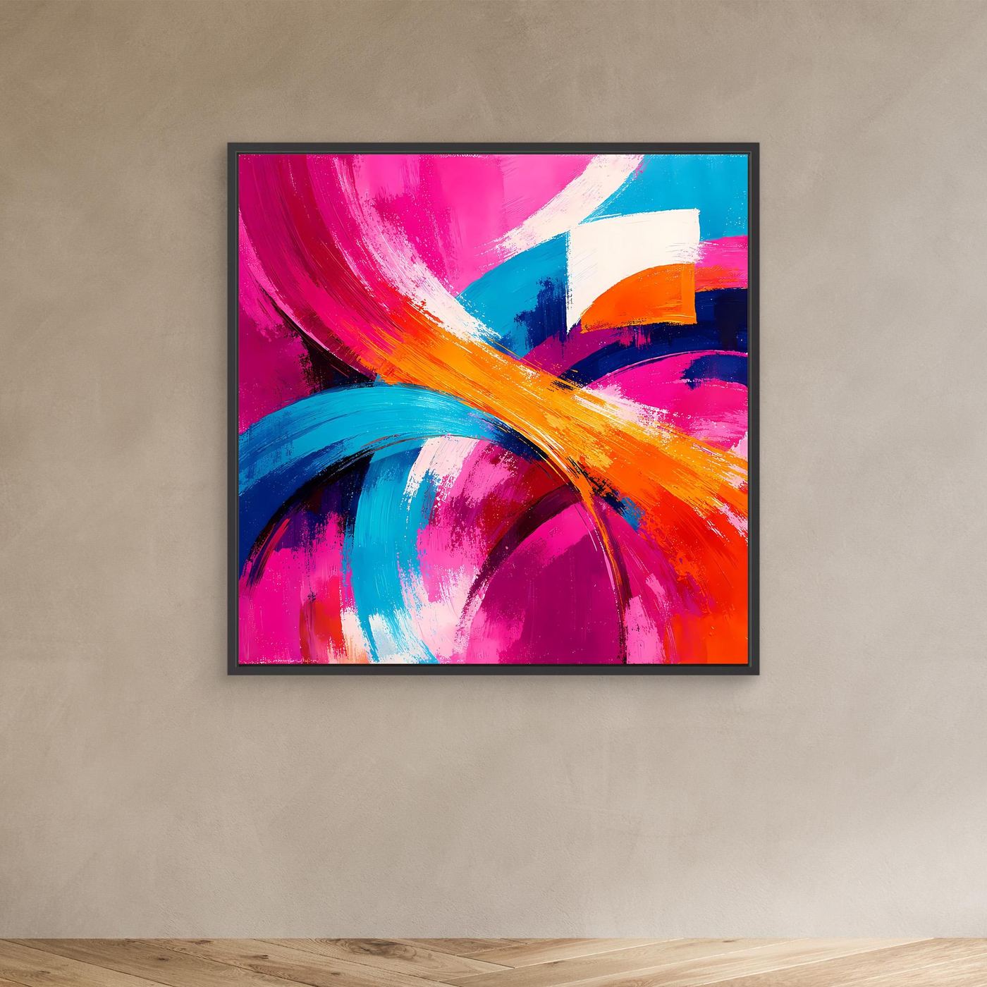 Leinwand-Abstraktbild mit Pinselstrichen in Pink, Blau und Orange, schwarzer Rahmen.