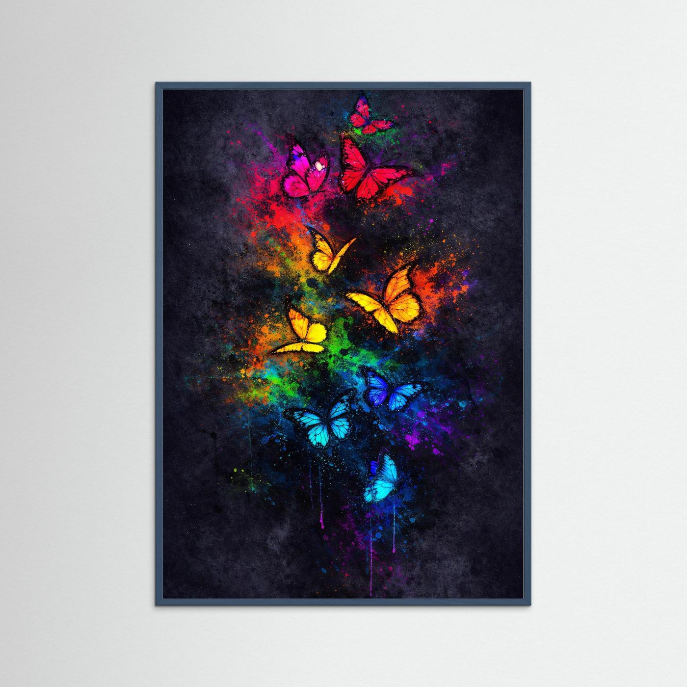 Wandbild mit Schmetterlingen in Regenbogenfarben und graublauem Rahmen