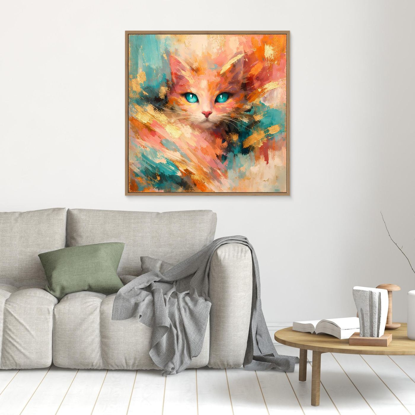 Leinwandbild abstrakte Katze mit türkisfarbenen Augen, schmaler Holzrahmen