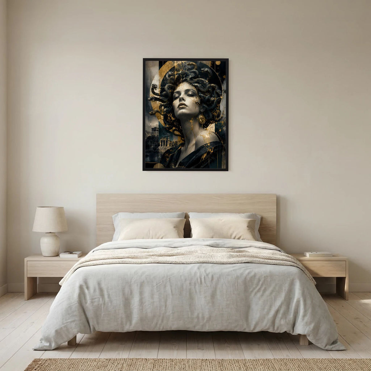 Hochformatiges Poster mit Frauengesicht im Medusa-Stil, schwarz-goldene Schlangenhaare, Porträt.