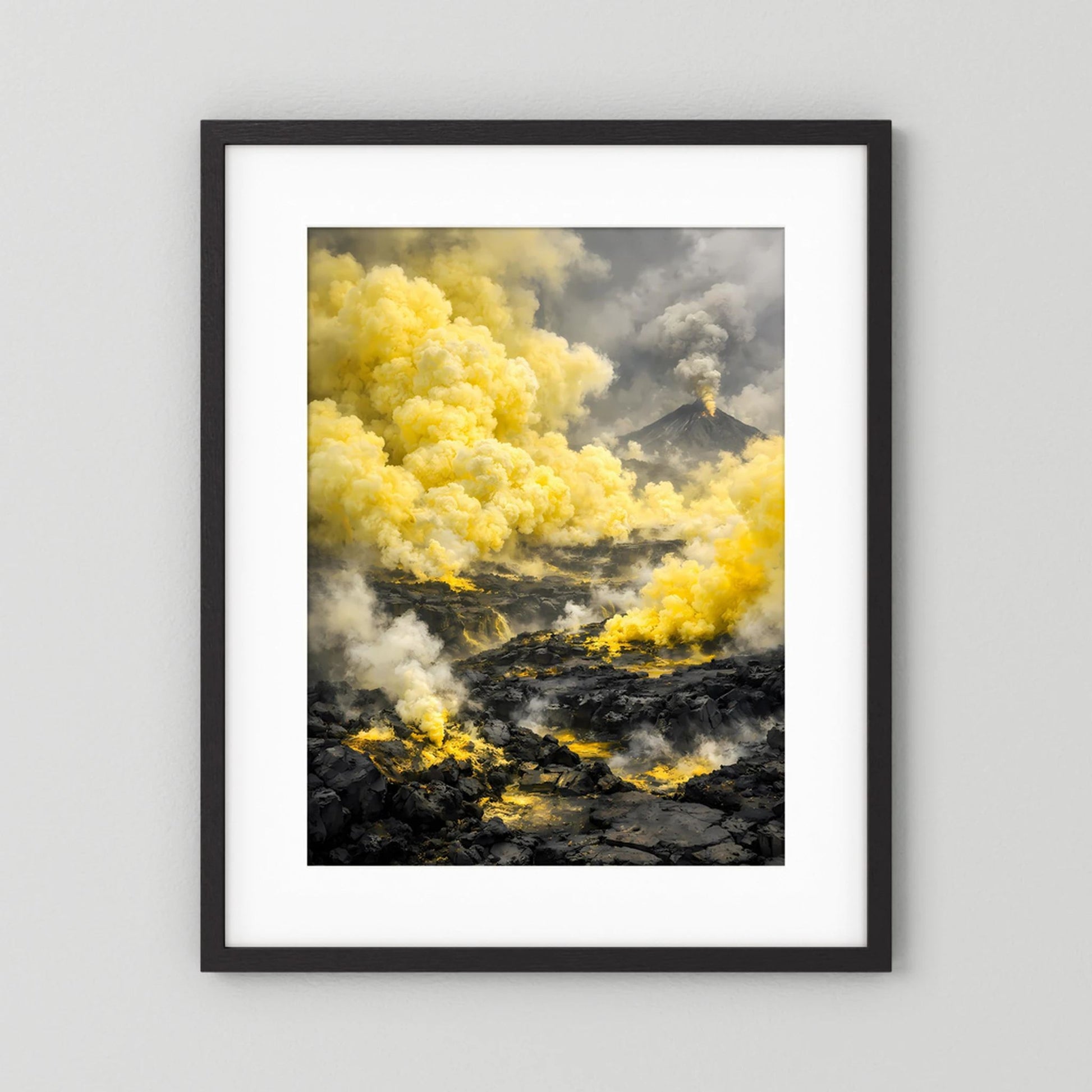 Die Kraft der Natur | Abstraktes Vulkan Poster in Gelb & Schwarz | Modernes Landschaftskunstposter Hochformat
