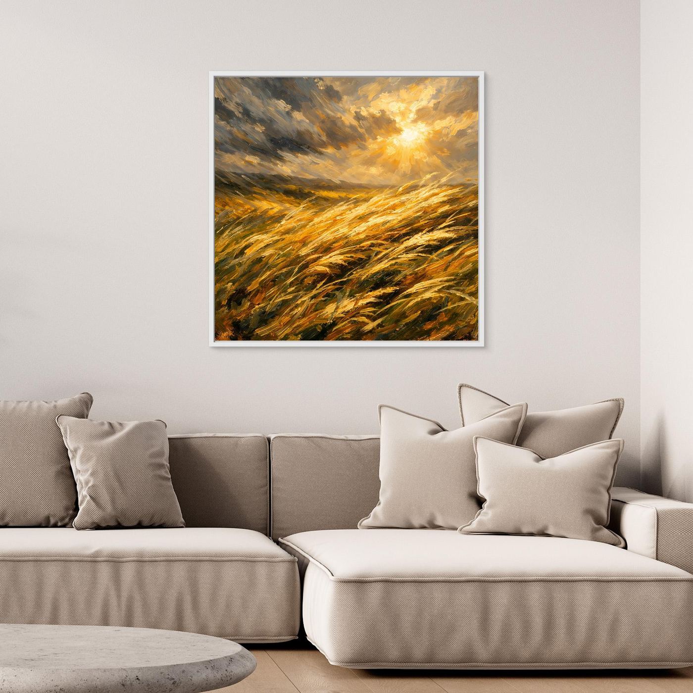 Gerahmtes Leinwandbild mit goldenem Getreidefeld und Sonne im Wind, quadratisch, weißer Rahmen