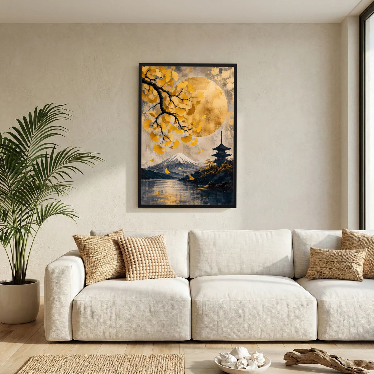 Wandposter mit schwarzem Rahmen: Gelbe Ginkgozweige, Fuji-Berg, Pagode und Mond über Wasser