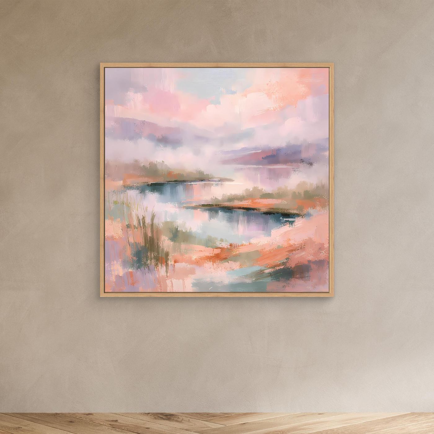 Abstraktes Leinwand-Wandbild mit Pastell-See und Ufer, Holzrahmen