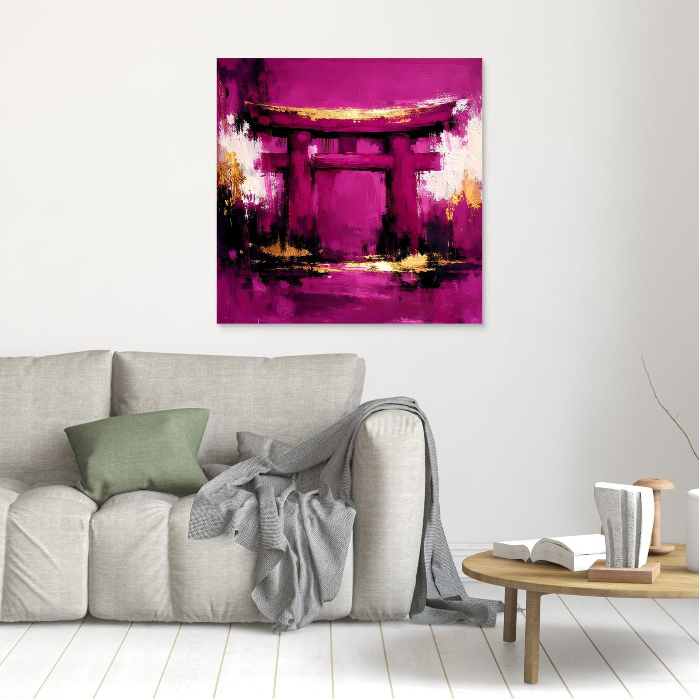 Leinwand Mystisches Torii-Tor in Magenta | Abstraktes Japan Wandbild Moderne Kunst