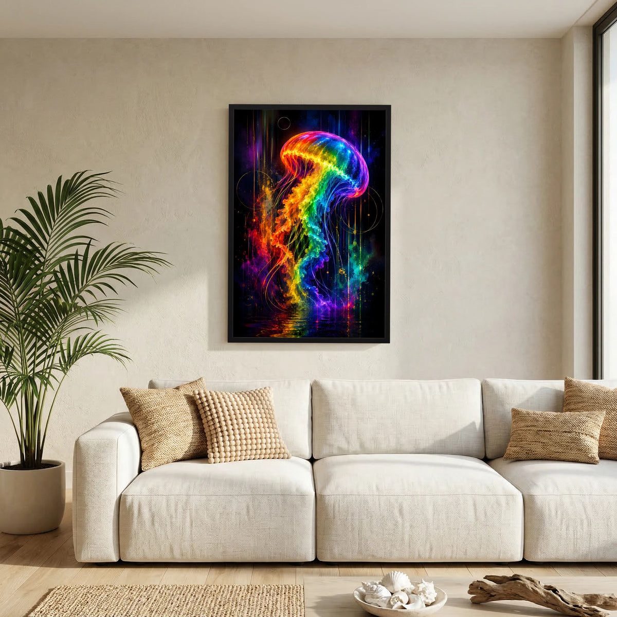 Neon-Quallenposter mit Regenbogen-Quallenmotiv im schwarzen Rahmen