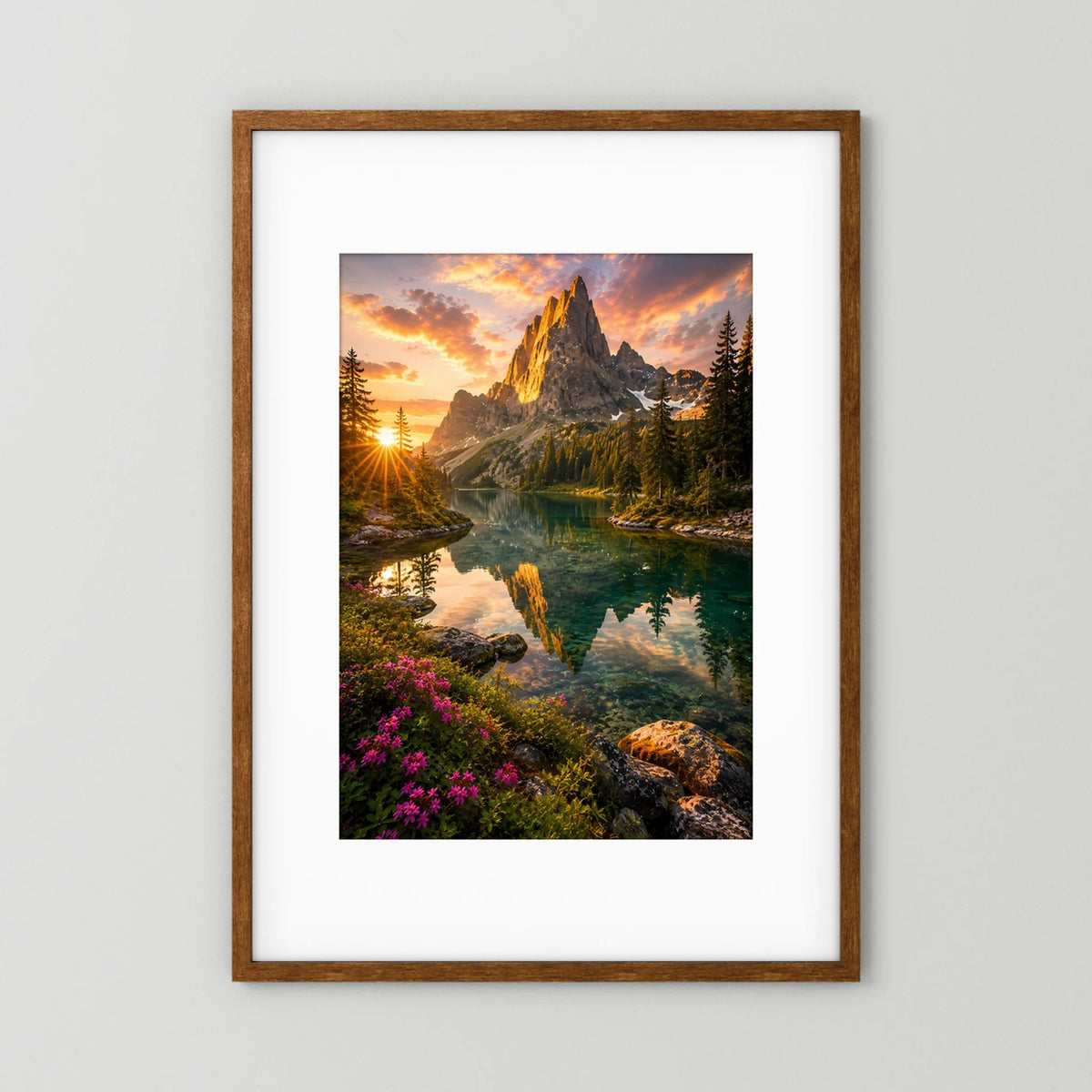 Hochformatposter im braunen Holzrahmen mit Bergsee-Landschaft bei Sonnenuntergang