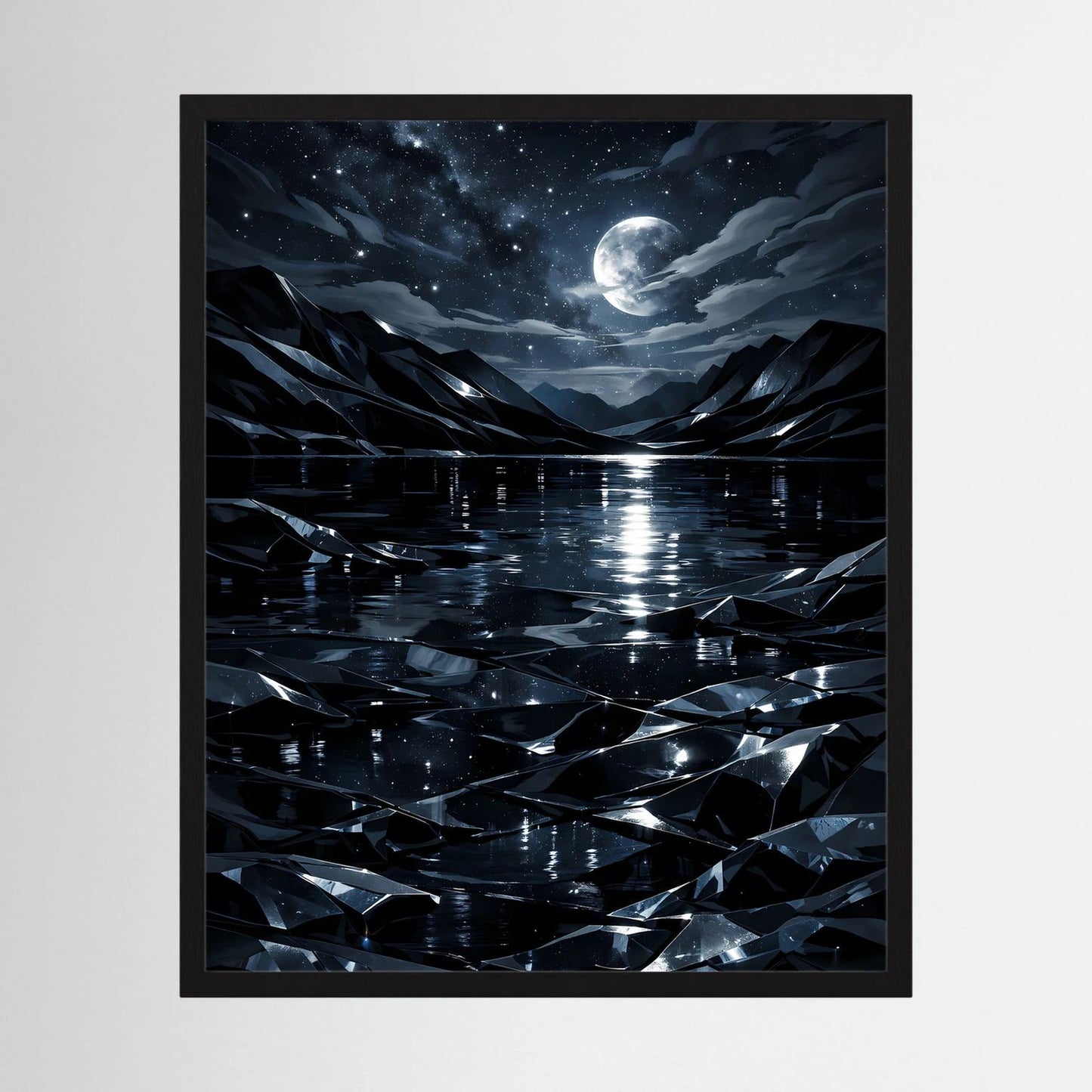 Gerahmtes Wandposter: dunkler Bergsee mit Mondschein und Sternen, schwarzer Rahmen