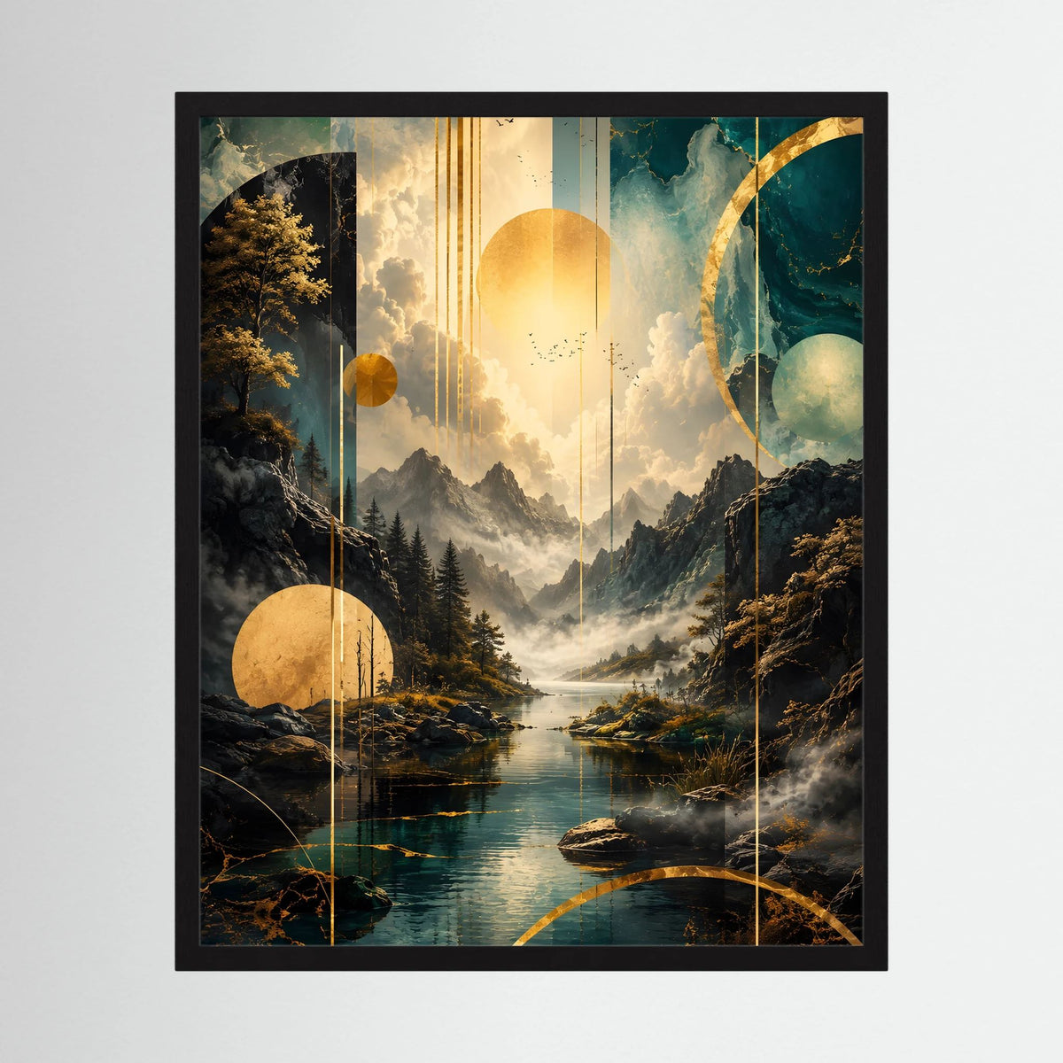 Poster im Hochformat mit schwarzem Rahmen, abstrakte Berglandschaft in Petrol und Gold