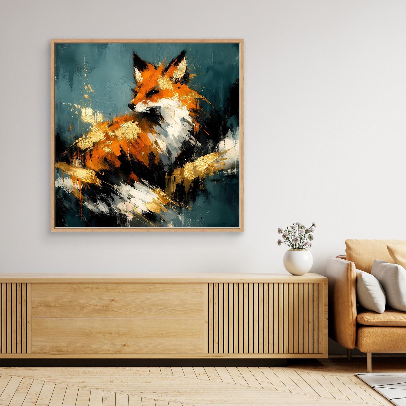Leinwand-Wandbild mit Holzrahmen: abstrakter Fuchs in Orange, Weiß und Gold.