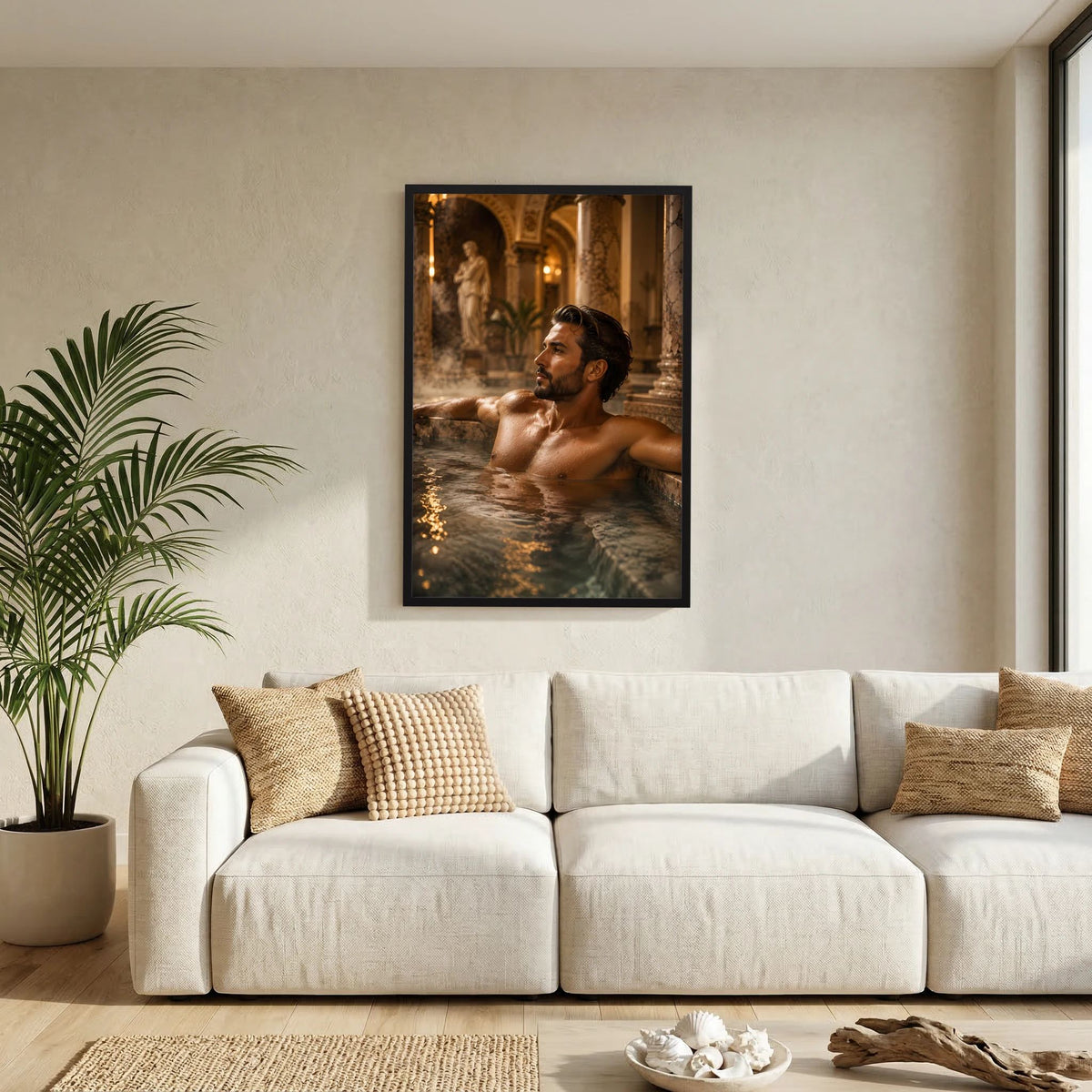 Gerahmtes Poster mit schwarzem Rahmen: Mann im Thermalbad, Oberkörper im Wasser
