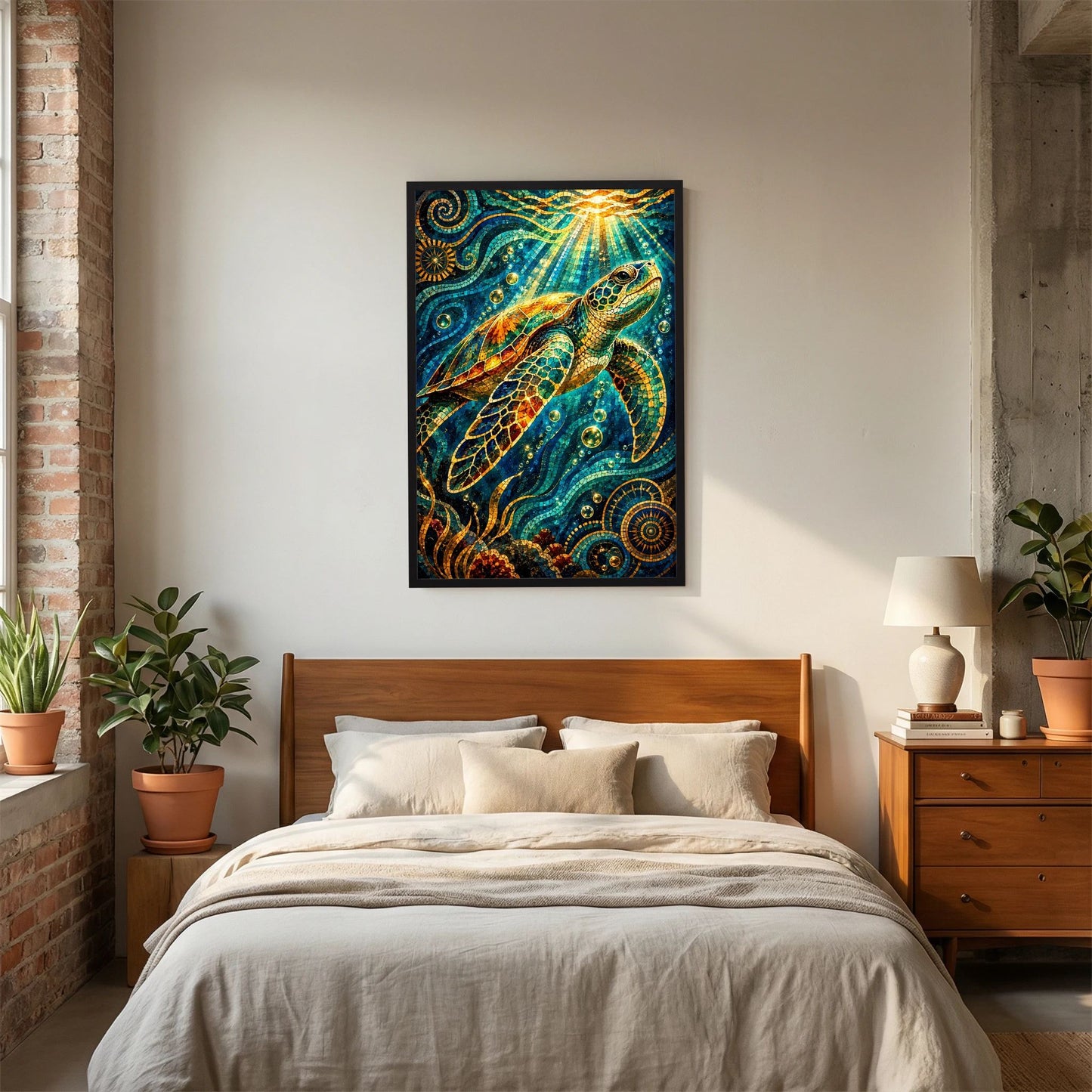 Kunstposter mit Meeresschildkröte im Mosaikdesign, türkis und gold, über dem Bett