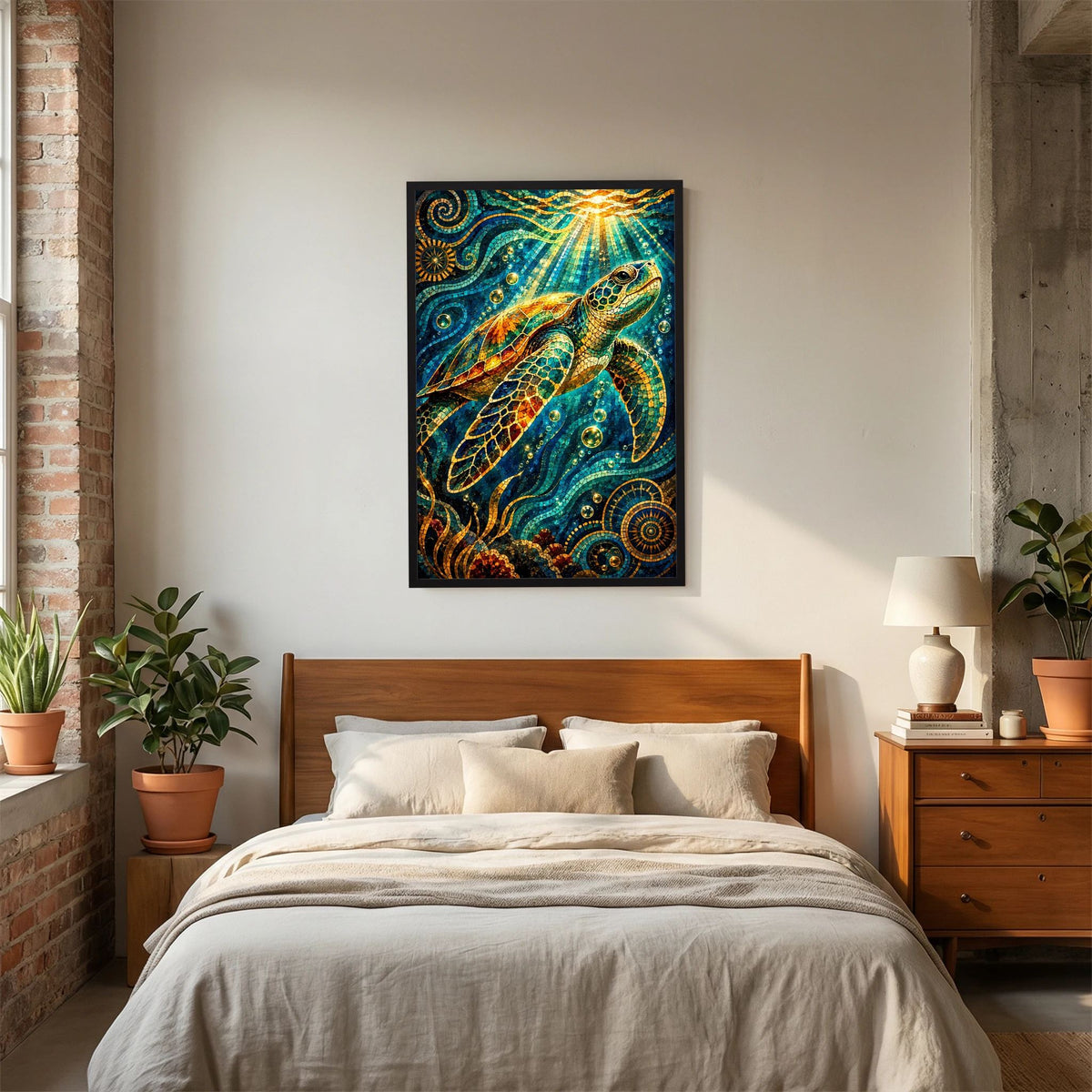 Kunstposter mit Meeresschildkröte im Mosaikdesign, türkis und gold, über dem Bett