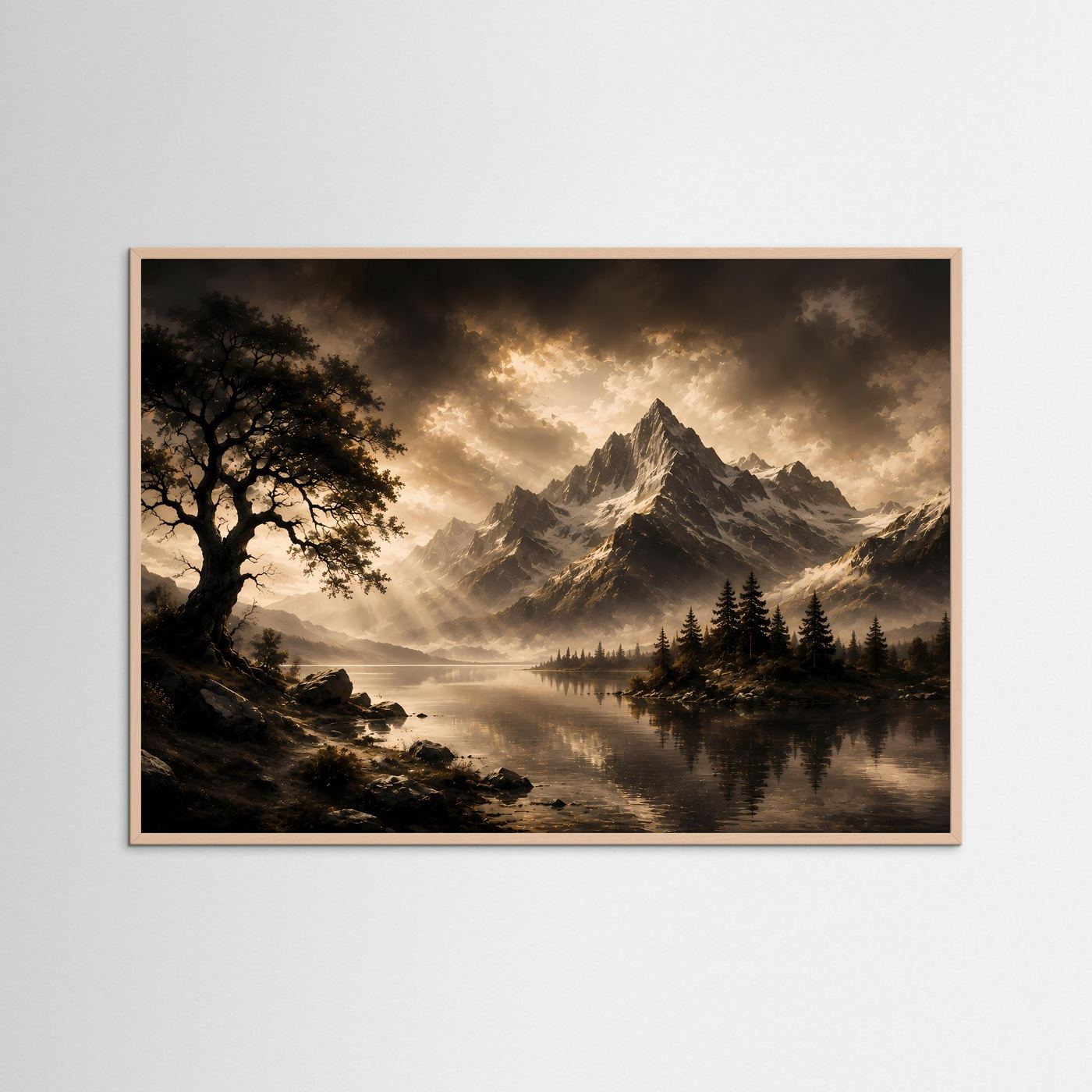 Querformat-Poster im rosafarbenen Holzrahmen: Berglandschaft am See mit goldener Sonne und Gipfeln