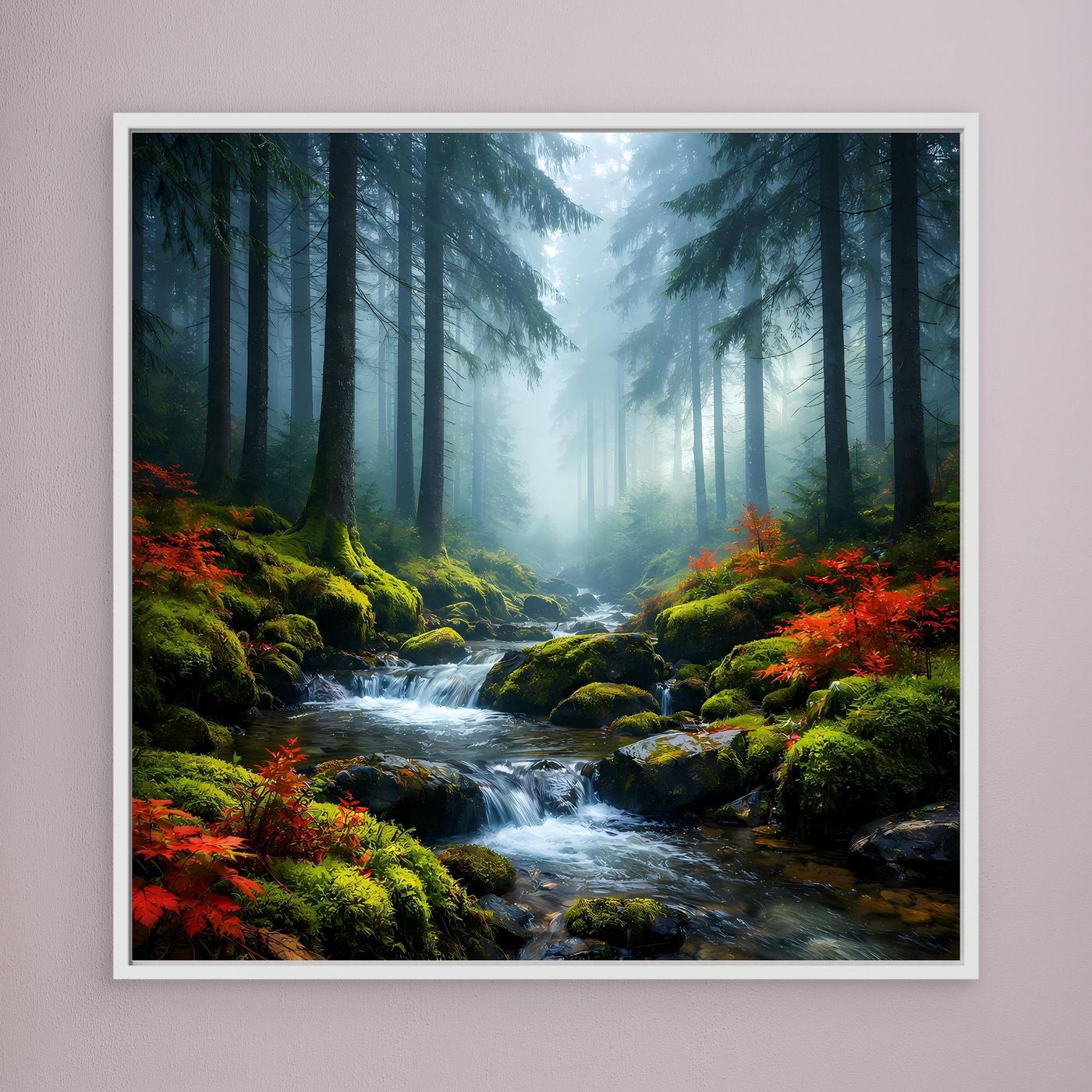 Wandbild: Waldbach im Nebel mit roten Sträuchern, Moosfelsen und weißem Rahmen