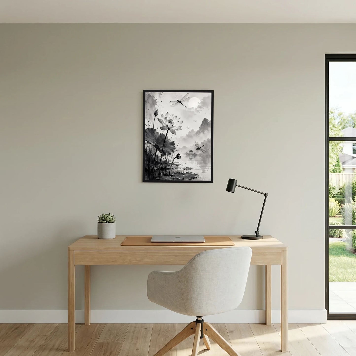 Hochformatiges Poster mit Lotusblüten und Libellen in Schwarzweiß, im schwarzen Rahmen