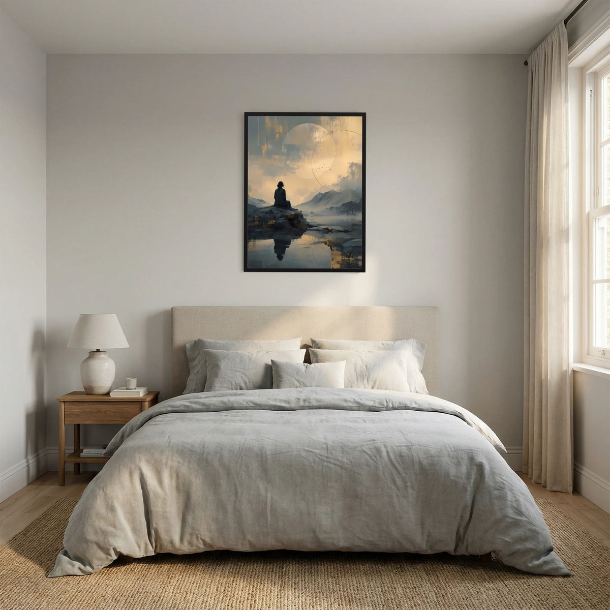 Gerahmtes Poster im Hochformat mit Meditationsszene: Figur auf Fels, See, Berge und gold-grauer Mond.