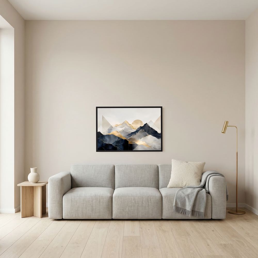 Wandbild: abstrakte Berge in Beige und Gold im schwarzen Rahmen