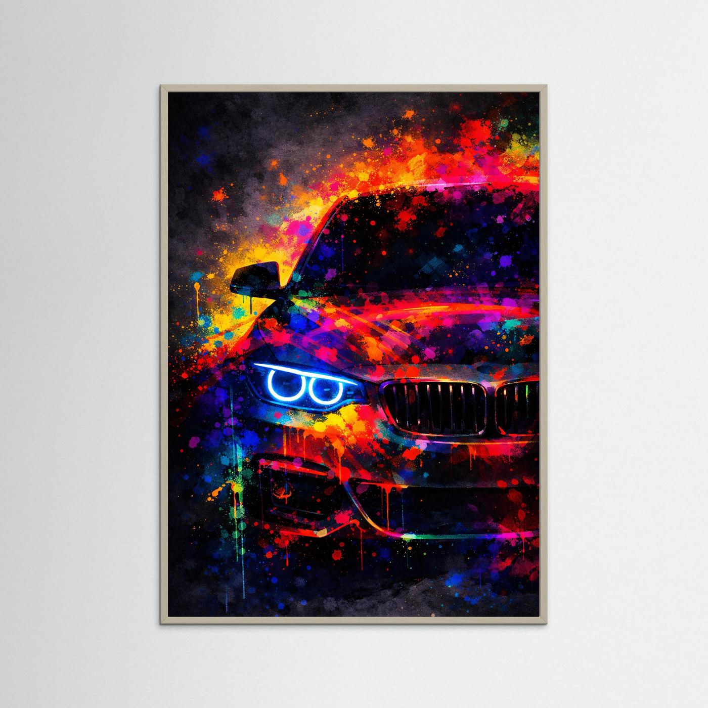 Abstraktes Sportwagen-Poster mit neonfarbener BMW-Optik, Hochformat, grauer Rahmen