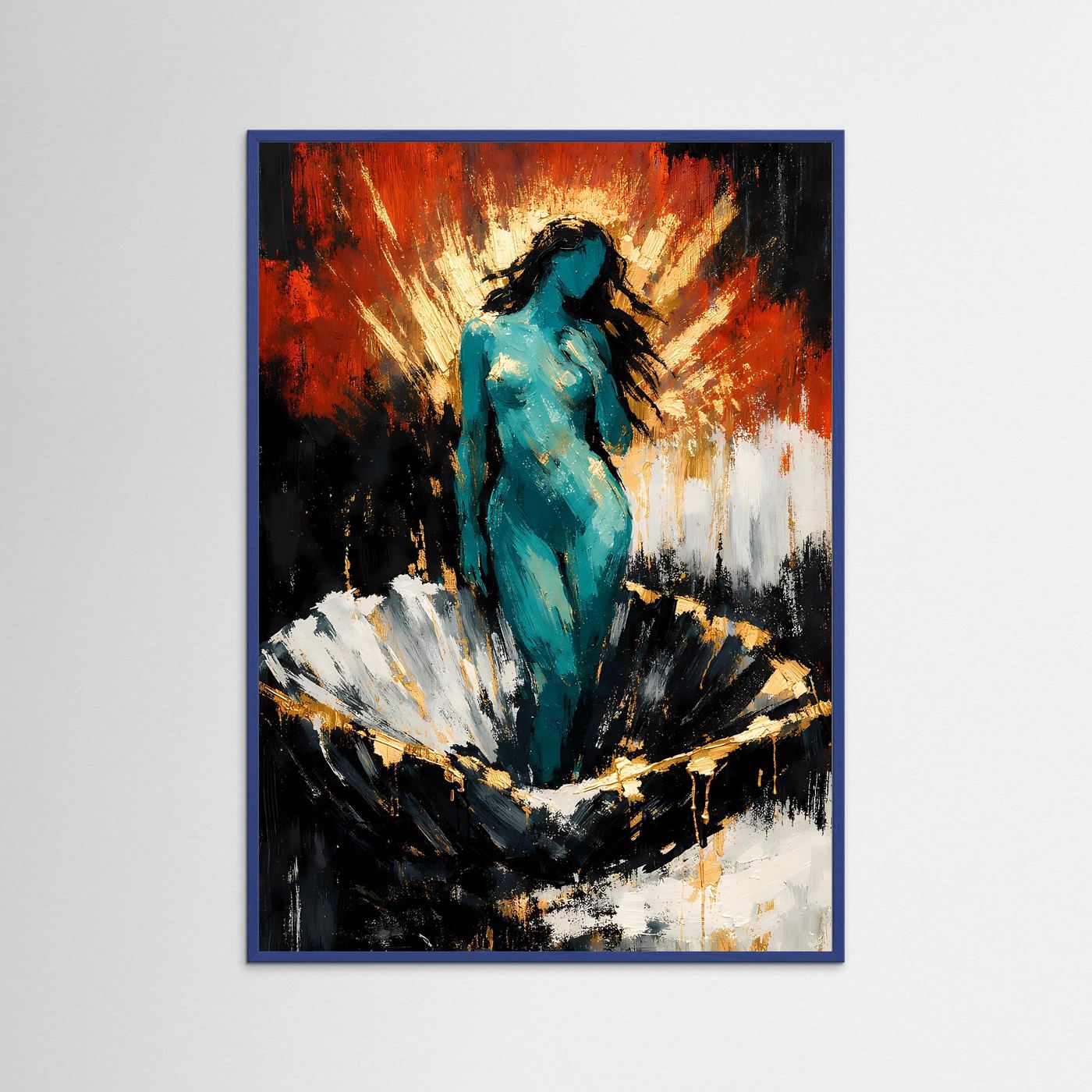 Kunstposter mit abstraktem Frauenportrait, türkisfarbene Figur, blauer Rahmen