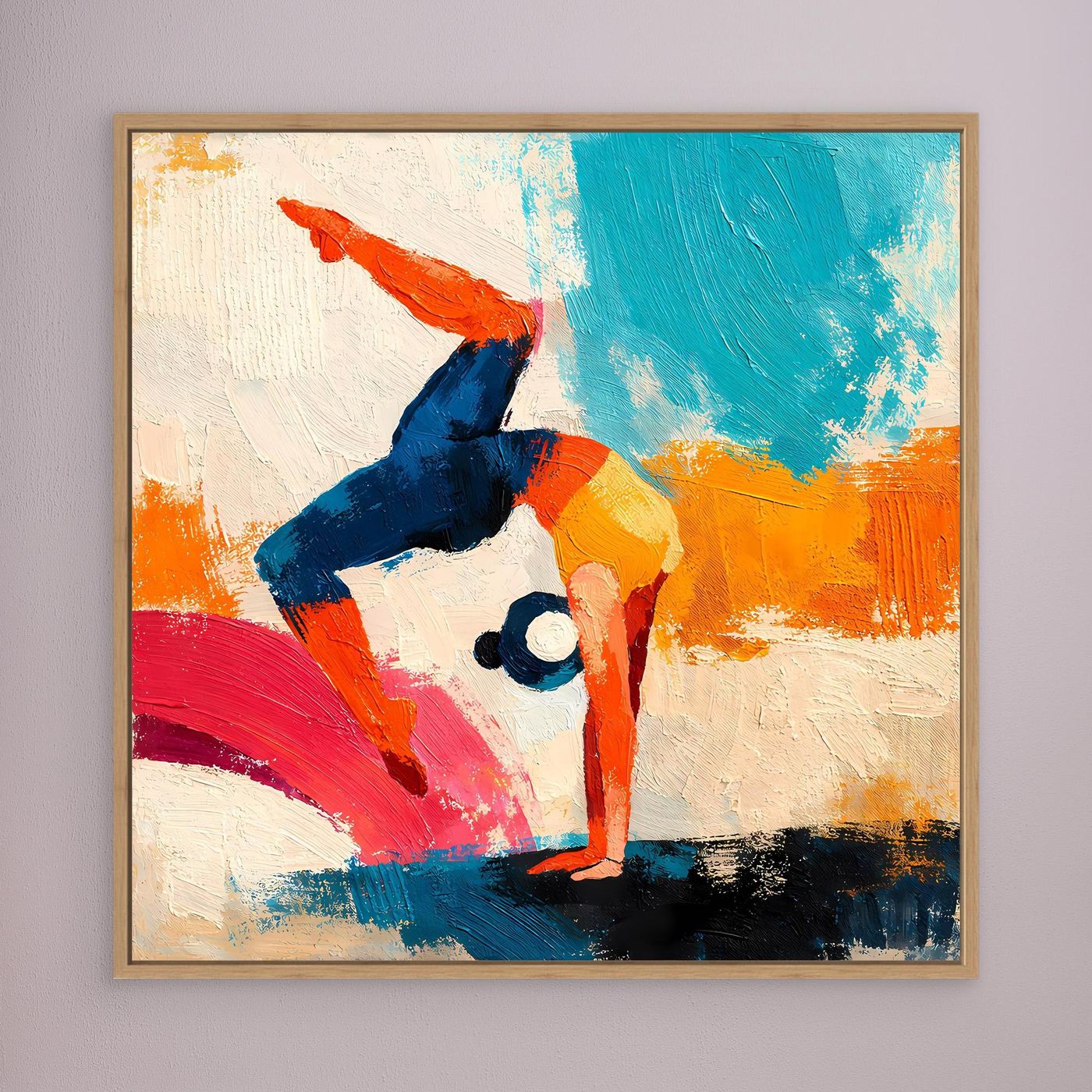 Handstand gymnast wall art canvas with wood frame, colorful abstract figure