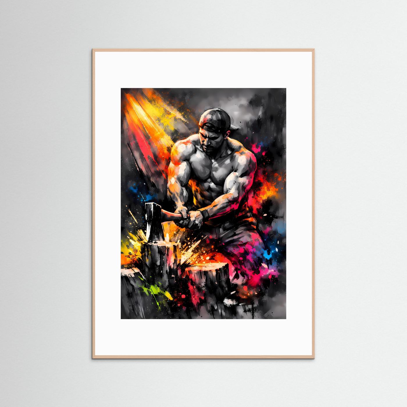 Die Kraft der Arbeit | Modernes Holzfäller Poster bunt | Abstraktes Urban Art Kunstposter Hochformat