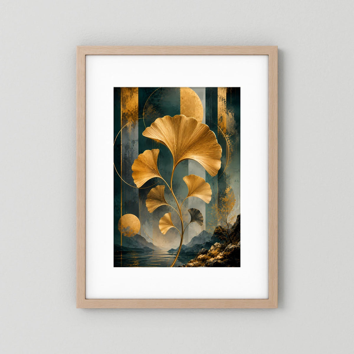 Abstraktes Ginkgo-Poster im hellen Holzrahmen mit goldenen Blättern auf Petrol, Schwarz & Gold