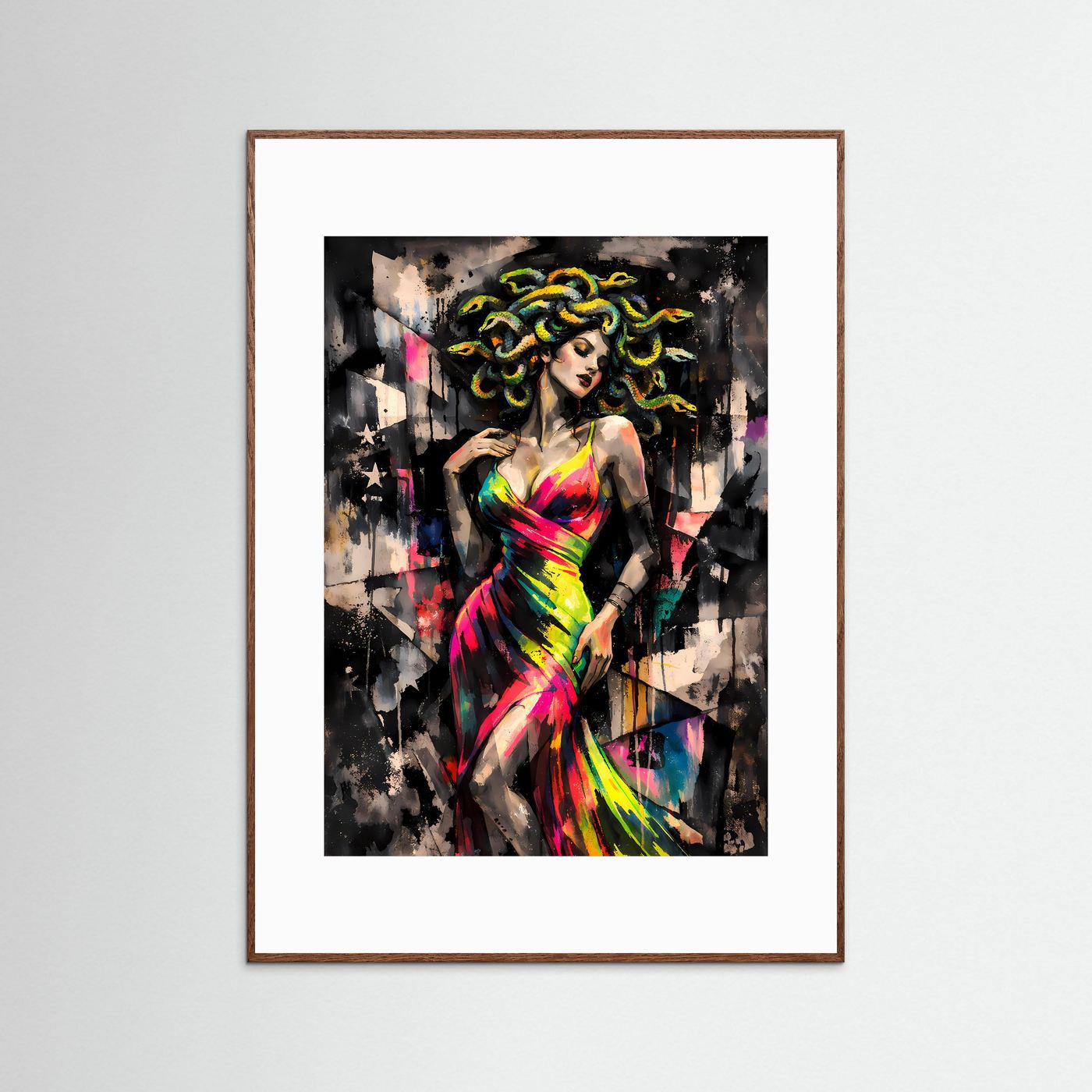 The Elegant Medusa | Luxuriöses Mythologie Poster Bunt & Dunkel | Abstraktes Medusa Kleid Kunstposter Hochformat