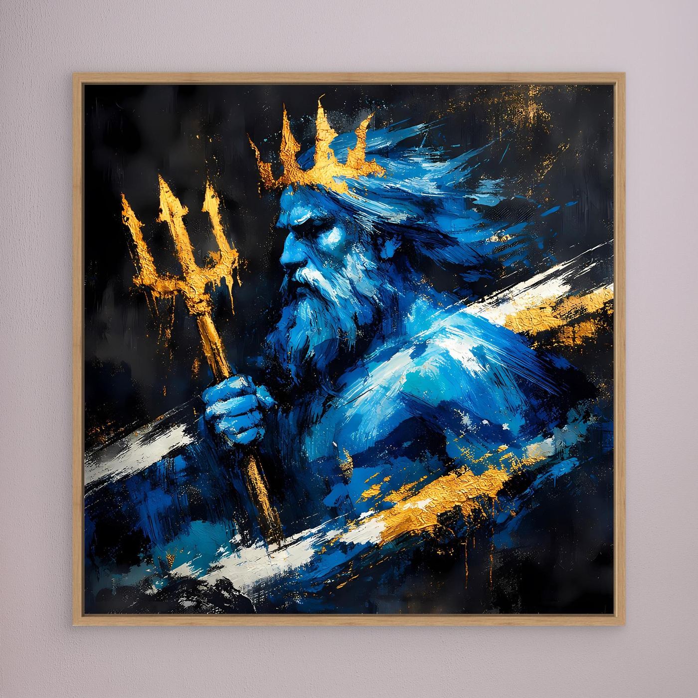 Leinwand Poseidon Gott des Meeres | Abstraktes Mythologie Wandbild Blau Gold
