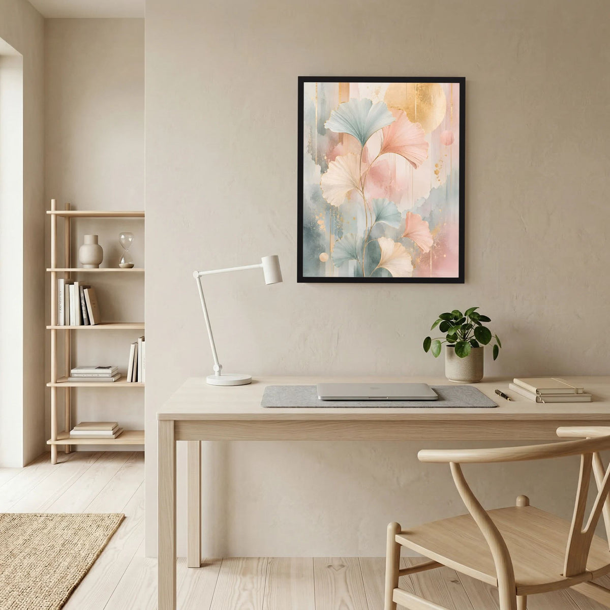Gerahmtes Hochformat-Kunstposter mit blattförmigen Pastellflächen in Rosa, Salbeigrün und Gold