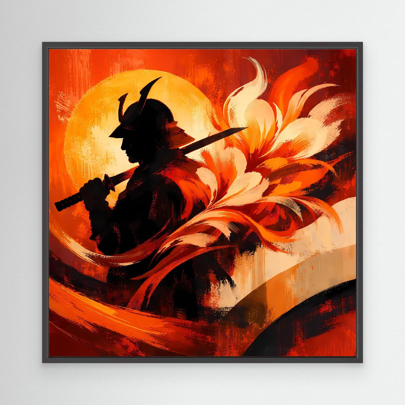 Japanisches Leinwand-Wandbild mit schwarzer Samurai-Silhouette, rote Flammen, schwarzer Rahmen