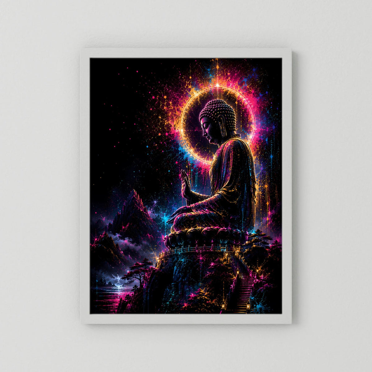 Buddha-Poster im Neonlicht: sitzende Figur mit leuchtender Aura, weißer Rahmen