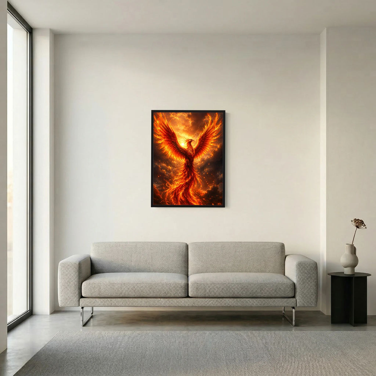 Wandposter mit Phönix in Flammen, goldorange Motiv im schwarzen Rahmen
