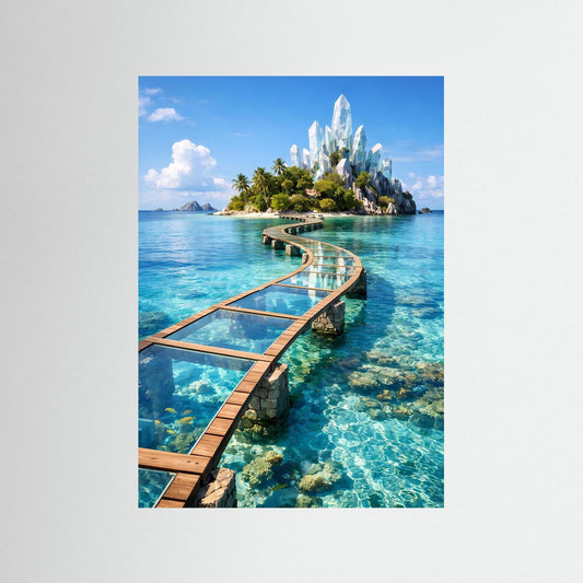 Türkisblaues Fantasy-Poster mit gläsernem Steg auf Inselinsel und kristallinen Türmen