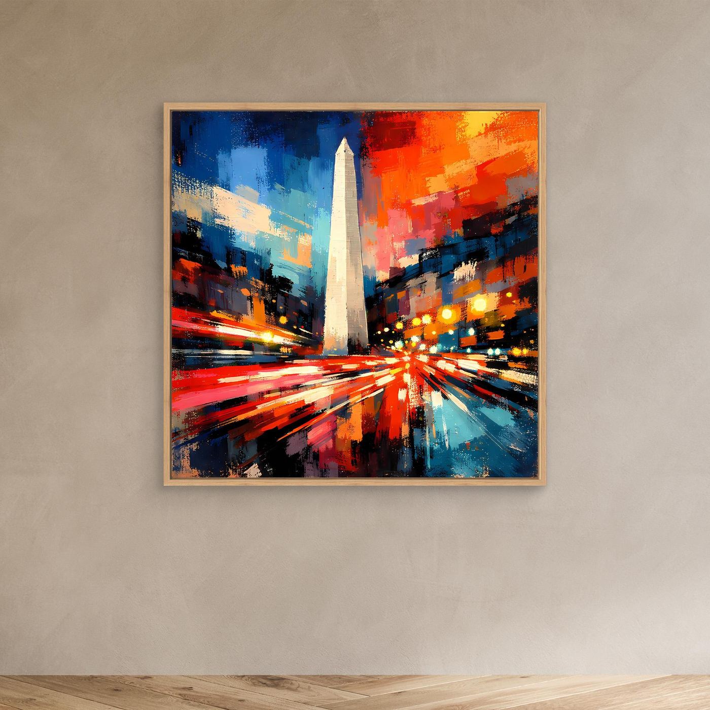 Leinwand-Wandbild: abstrakter Obelisk in Blau/Rot/Gelb mit hellem Holzrahmen.