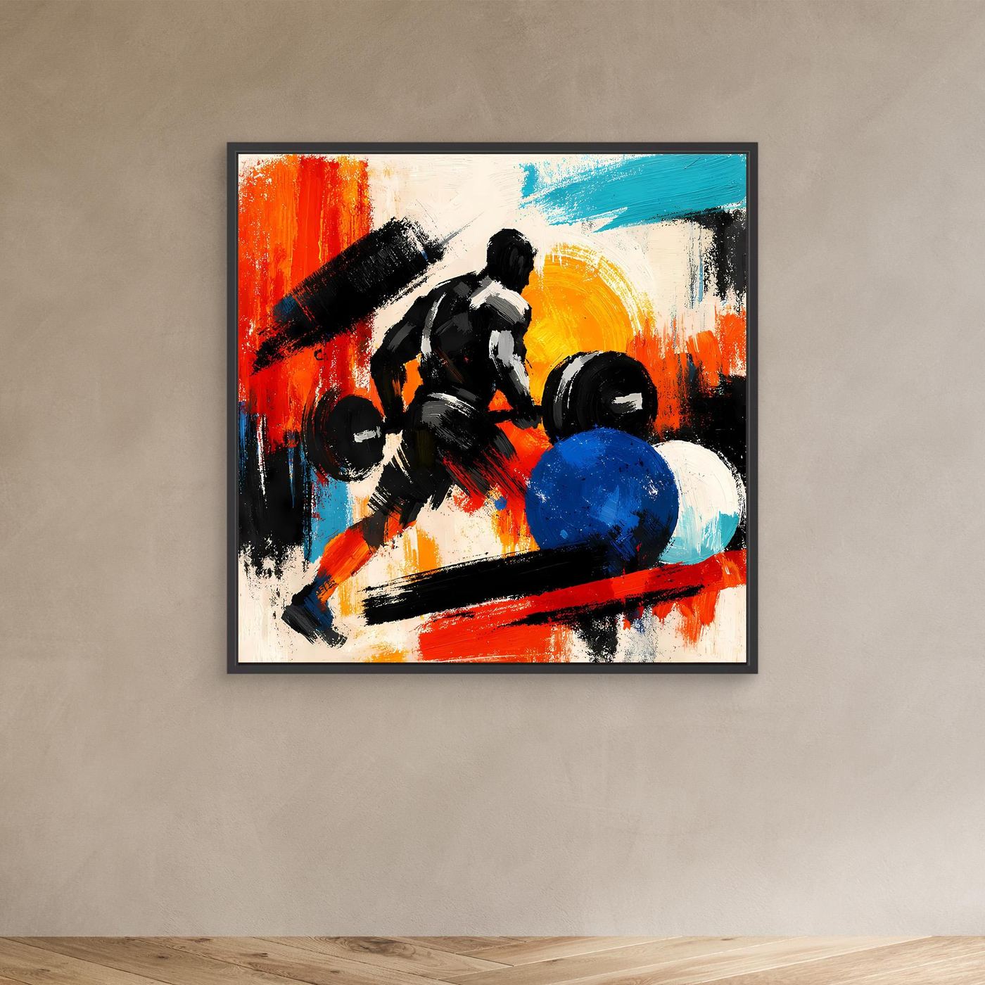 Abstract weightlifter wall art canvas with barbell pose, dark frame