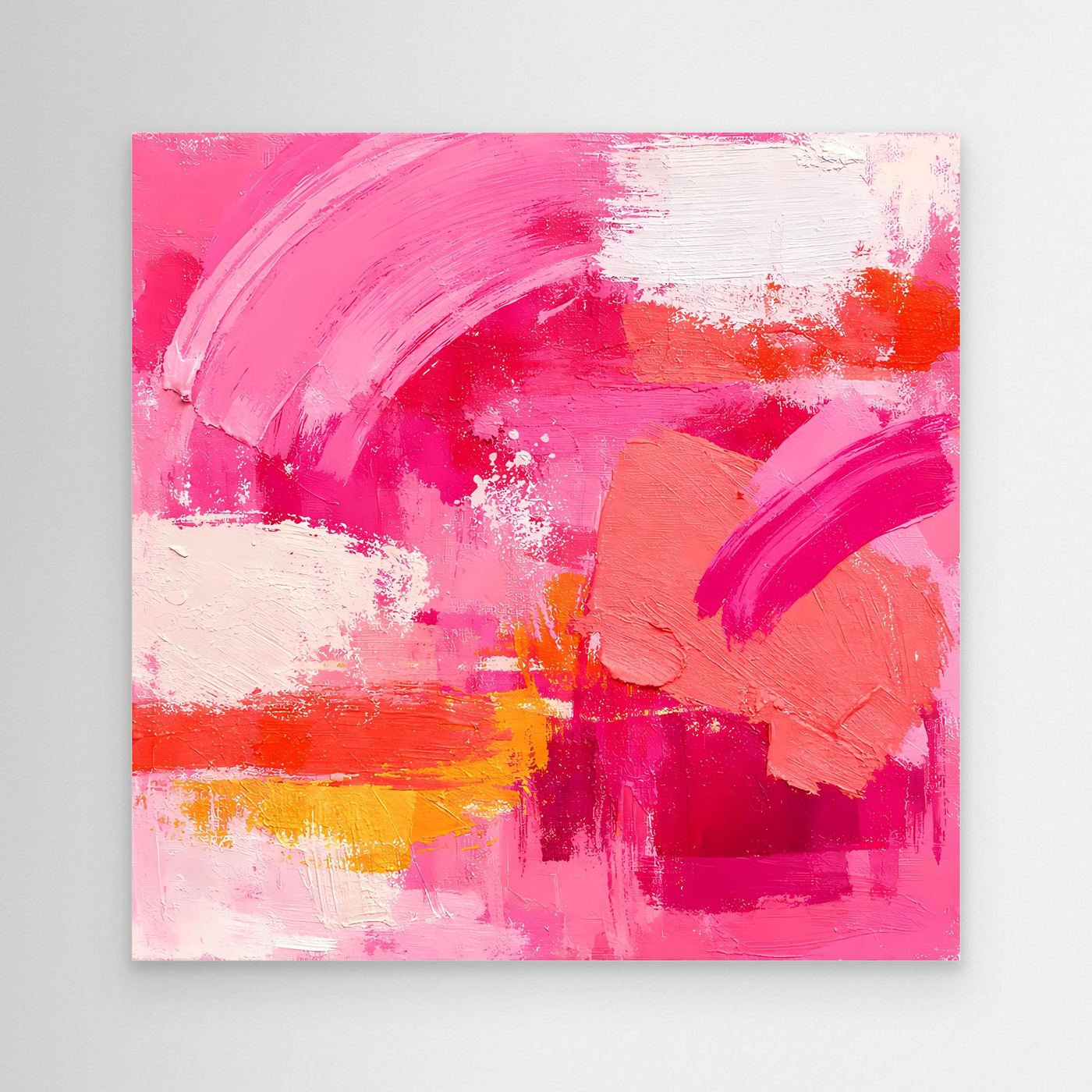 Abstraktes Leinwandbild: rosa, orange Pinselstriche und weißer Farbauftrag.