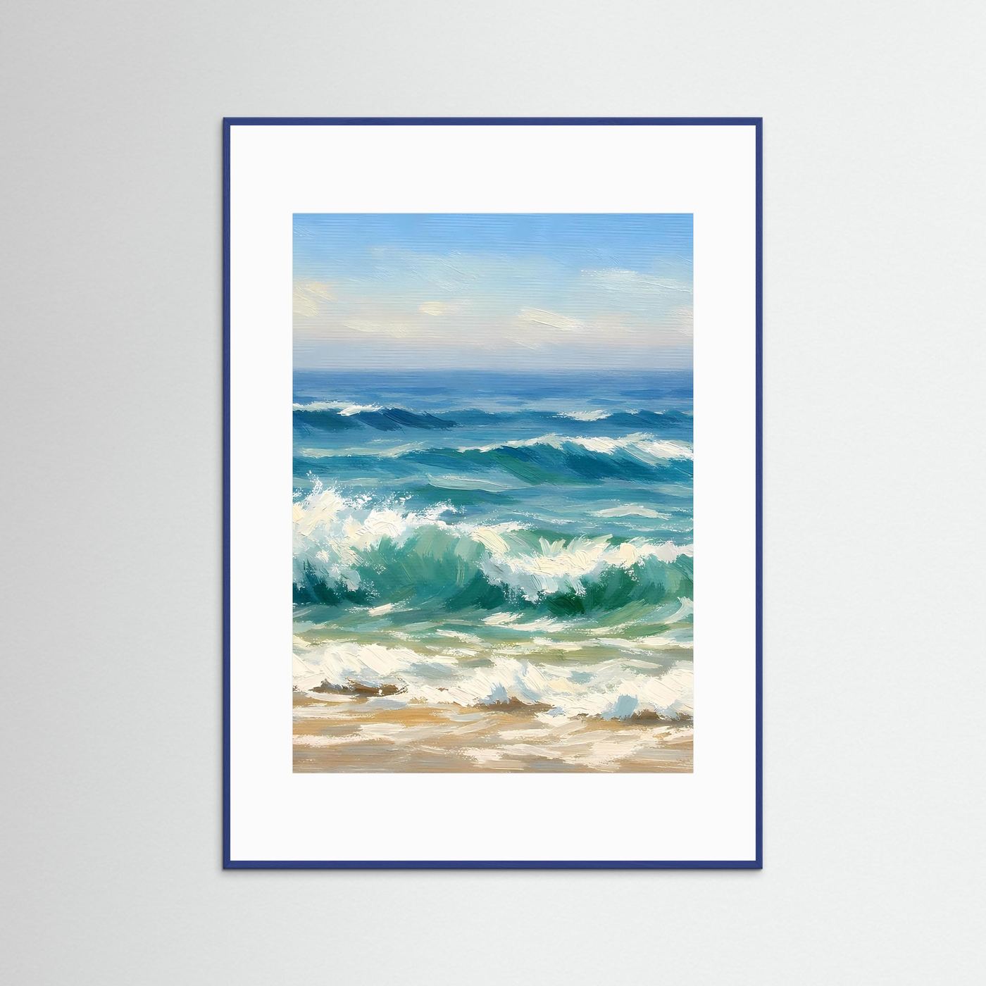 Poster mit Meereswellen, blauer Rahmen