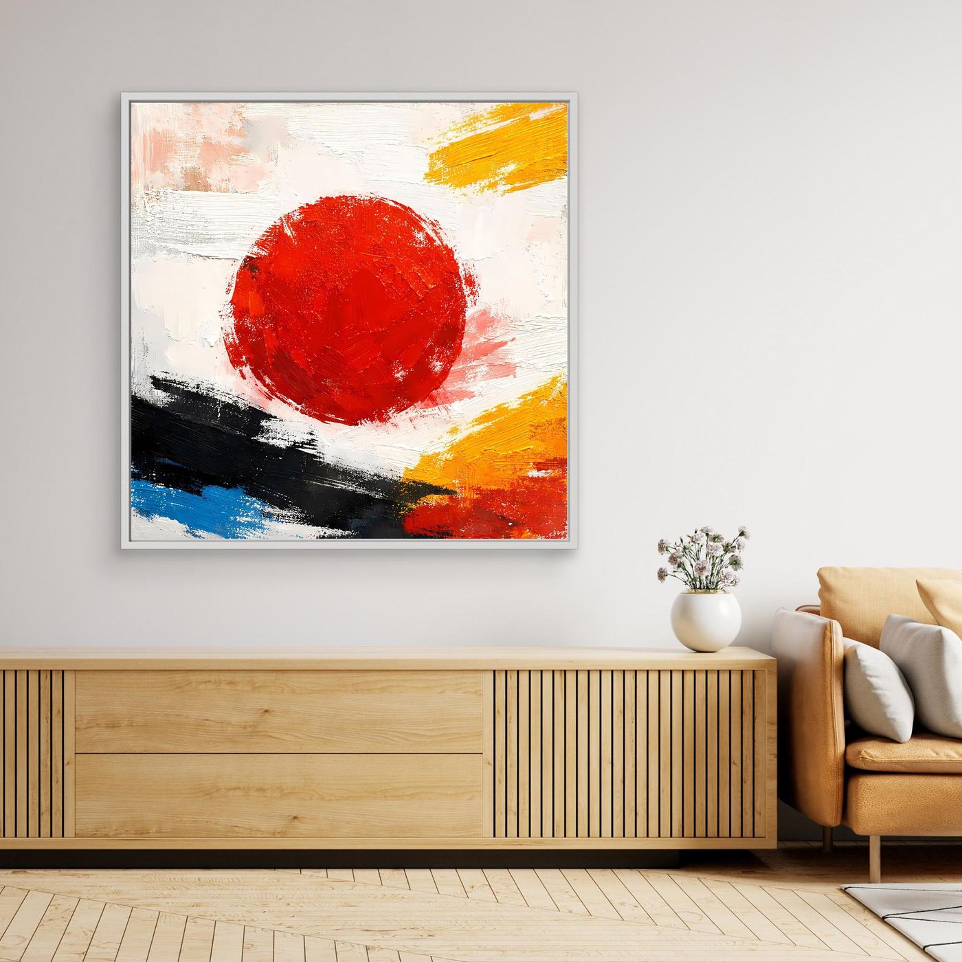 Abstraktes Leinwand-Wandbild mit roter Sonne, gelben, blauen und schwarzen Akzenten im Rahmen