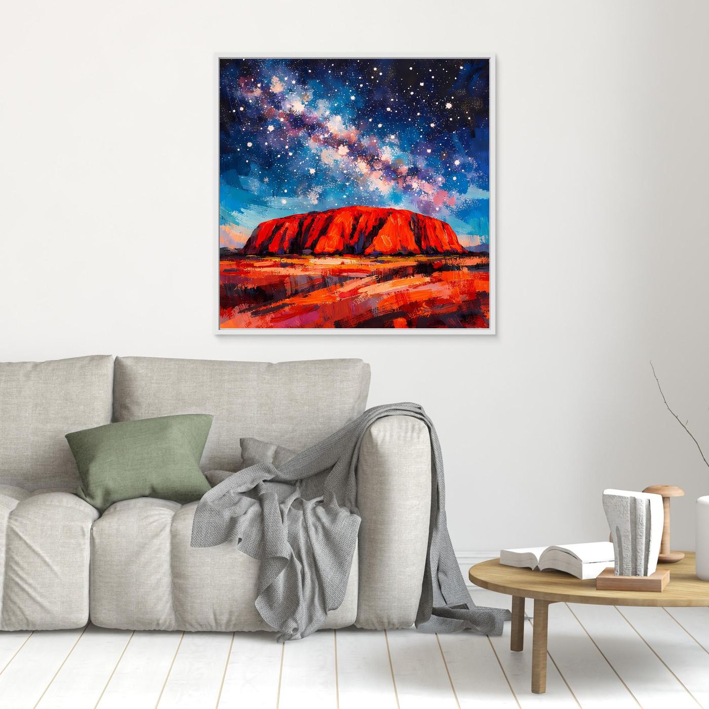 Kleines Wandbild mit Sternenhimmel und rotem Uluru, abstrakte Landschaft, weißer Rand